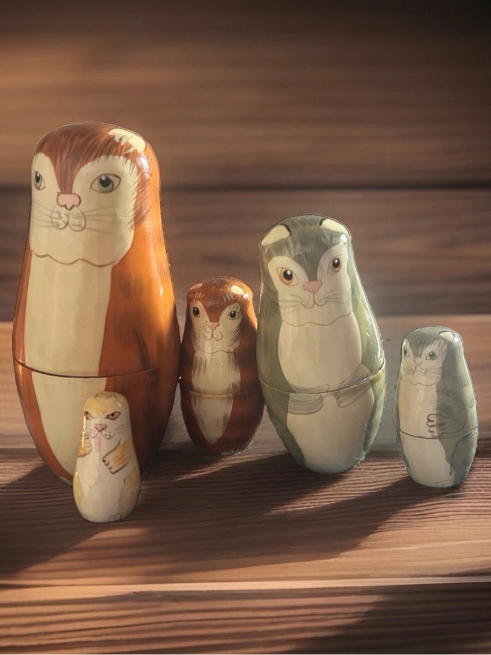 Hand Painted Set Of Five Matryoshka Wood Nesting Cat Dolls!
